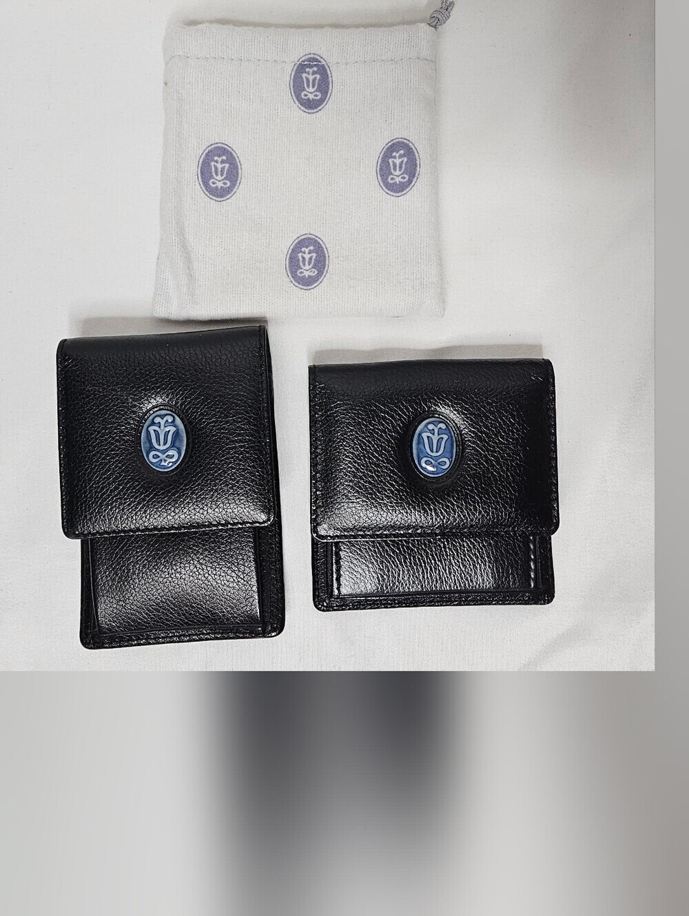Lladro Society Black Pebbled Leather Coin Purse & Keychain Wallet Set Blue Cameo